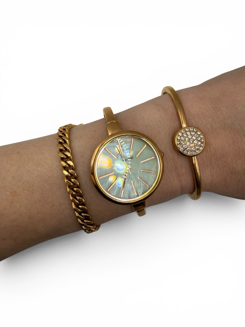 Anne Klein Gold-Tone Watch with Iridescent Mother-of-Pearl Dial